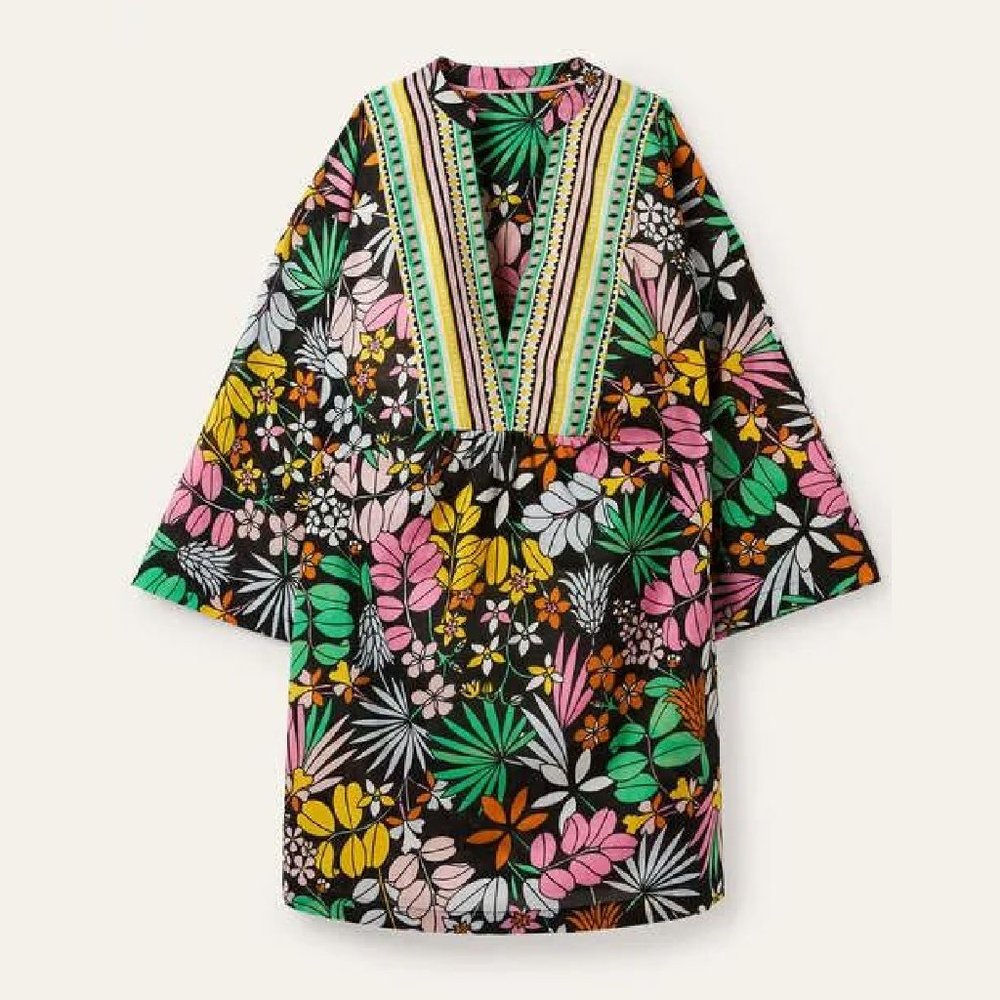 Boden Wide Sleeve Cotton Kaftan US 8 Jungle Floral Black